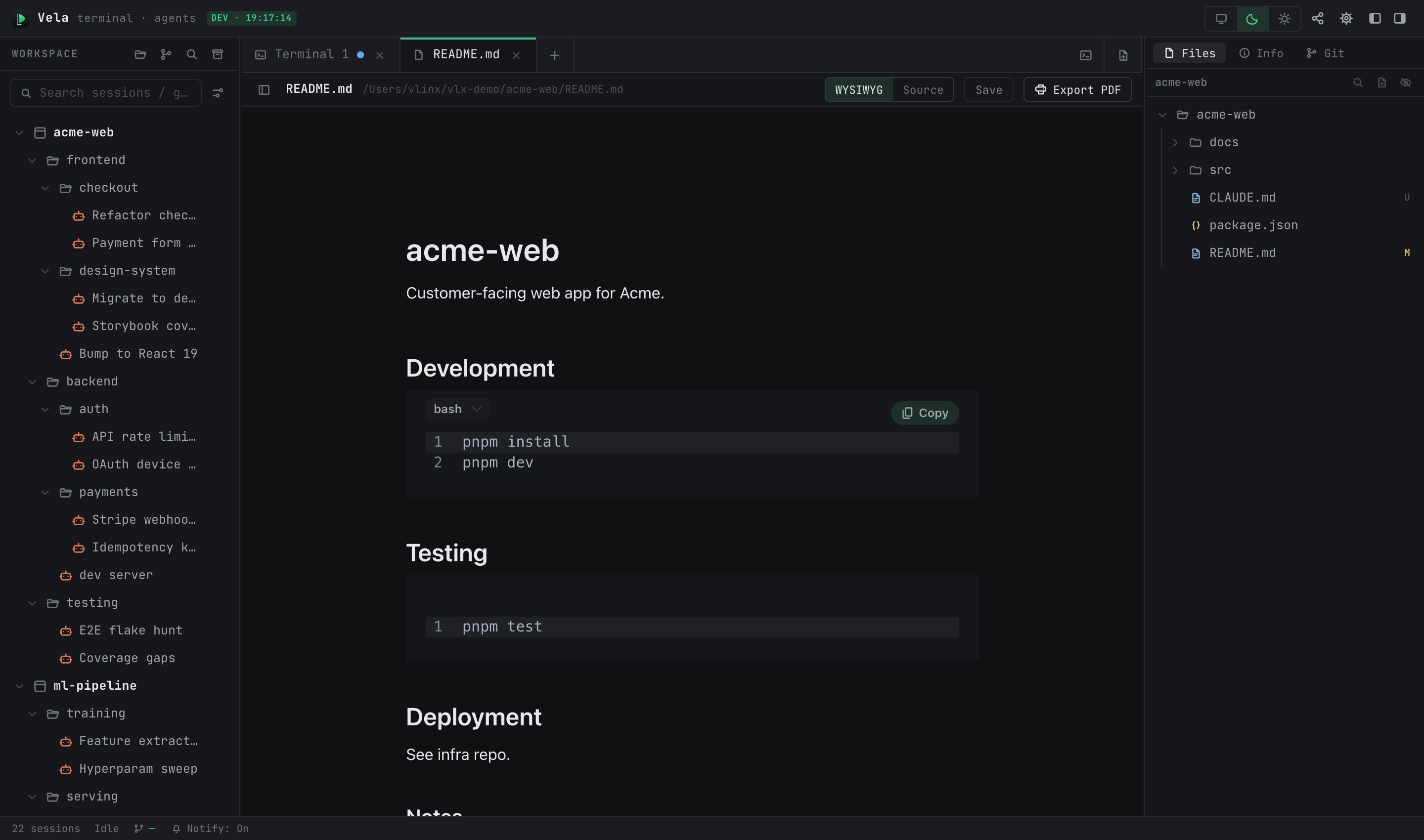 A Markdown document opened with vopen