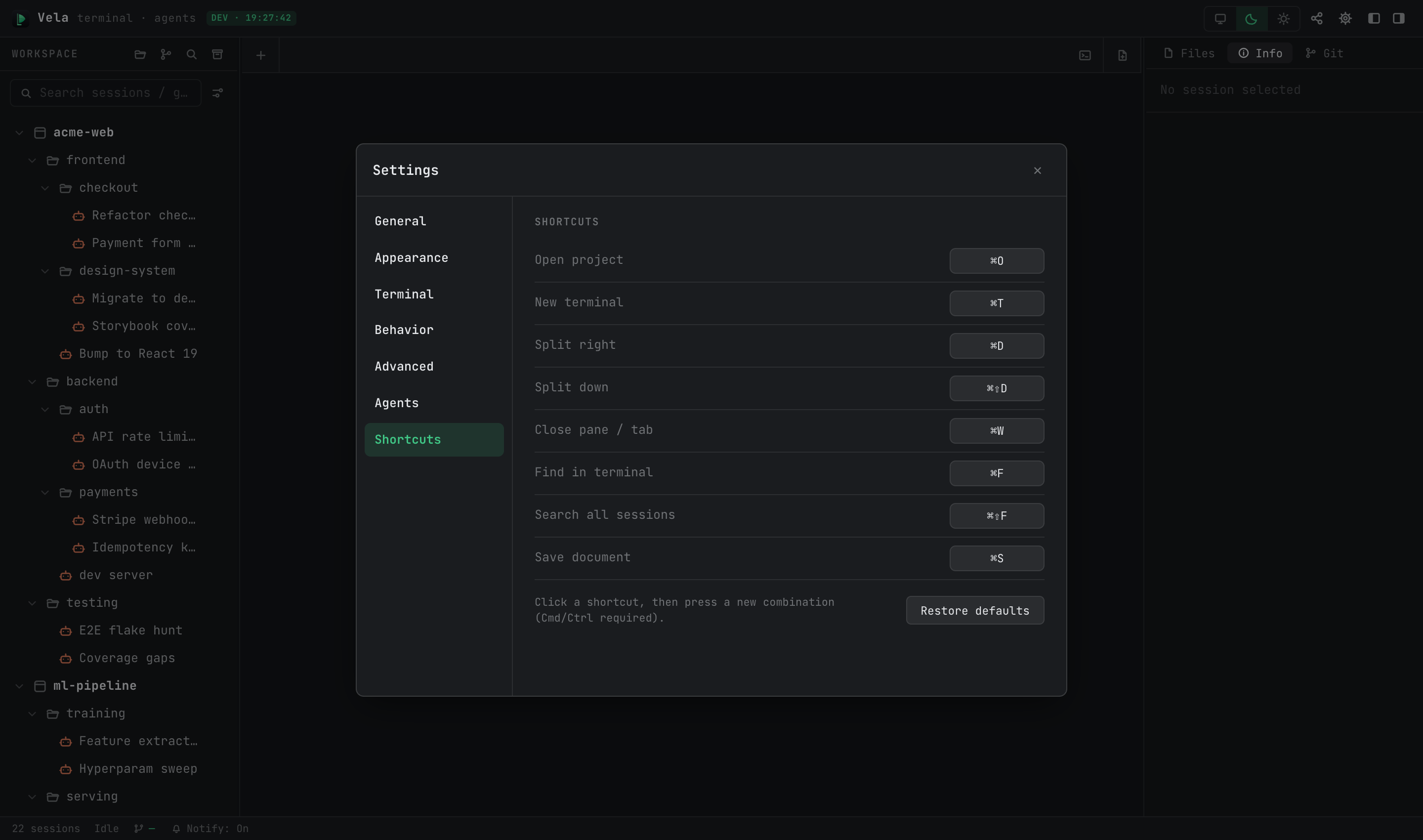 Settings · Shortcuts
