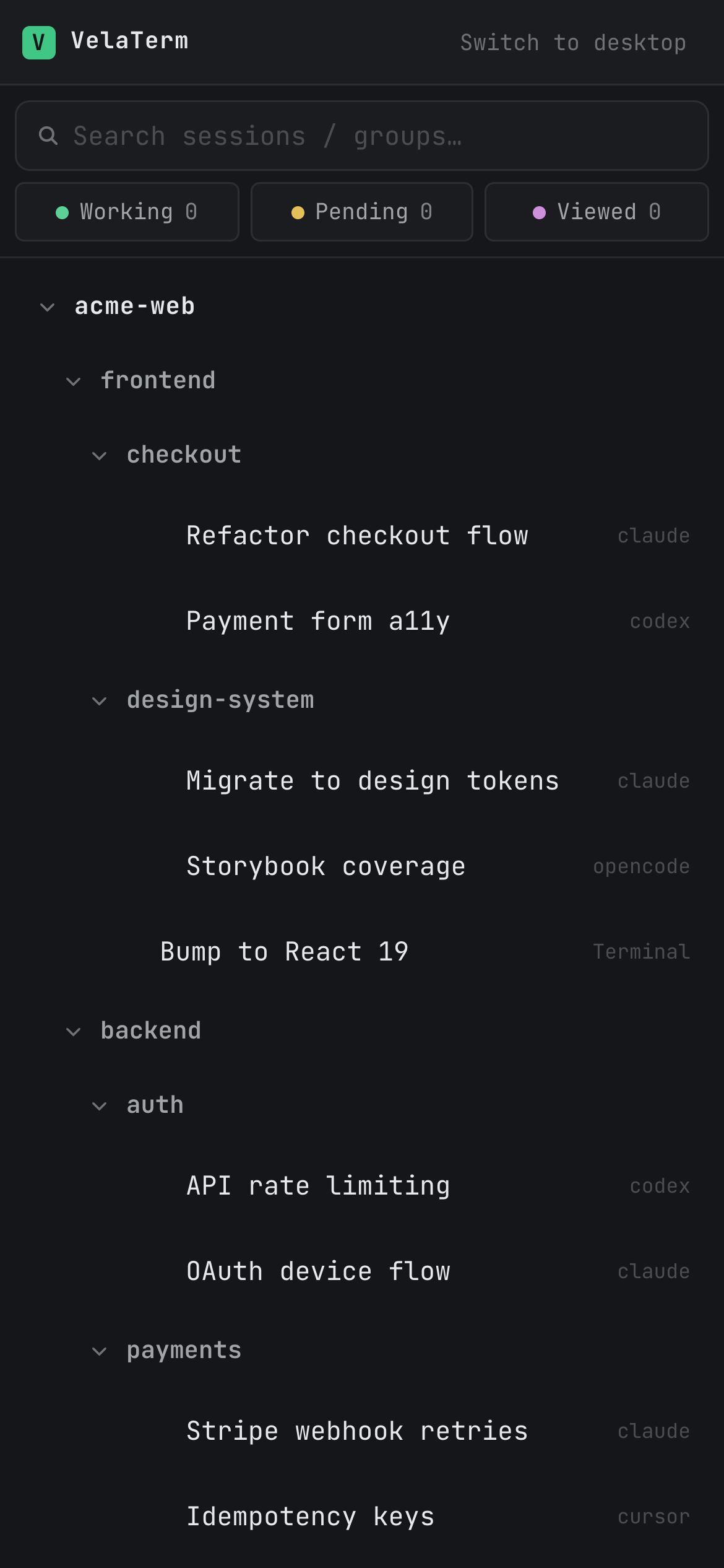 VelaTerm's mobile layout: the session tree with Working / Pending / Viewed filters